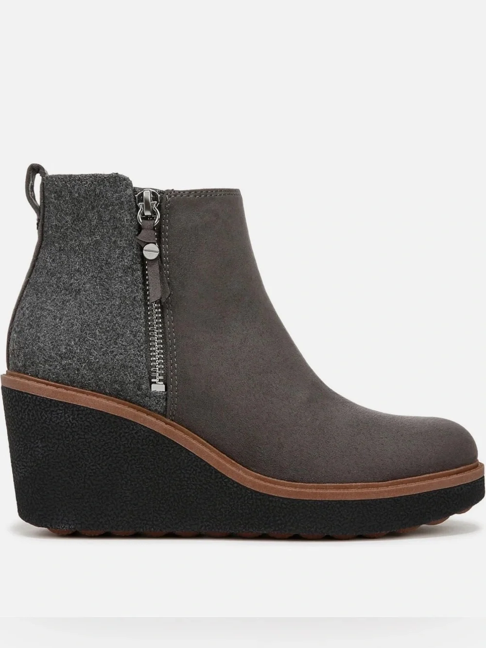 Dr. Scholl's Gray Suede Wedge Ankle Boots with Brown Trim